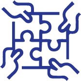 A group of puzzle pieces together with various hands touching the group.
